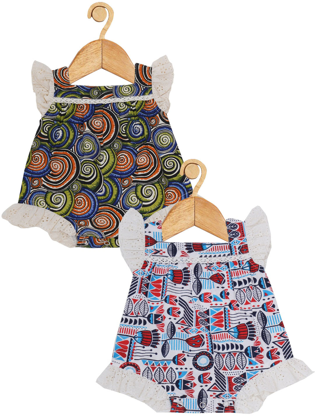 Creative Kids Infant Girls Pack Of 2 Abstract Printed Square Neck Cotton Bodysuit Dress
