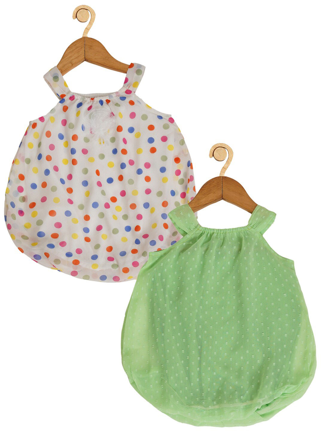 Creative Kids Infant Girls Pack Of 2 Polka Dots Printed Round Neck Balloon Midi Dress