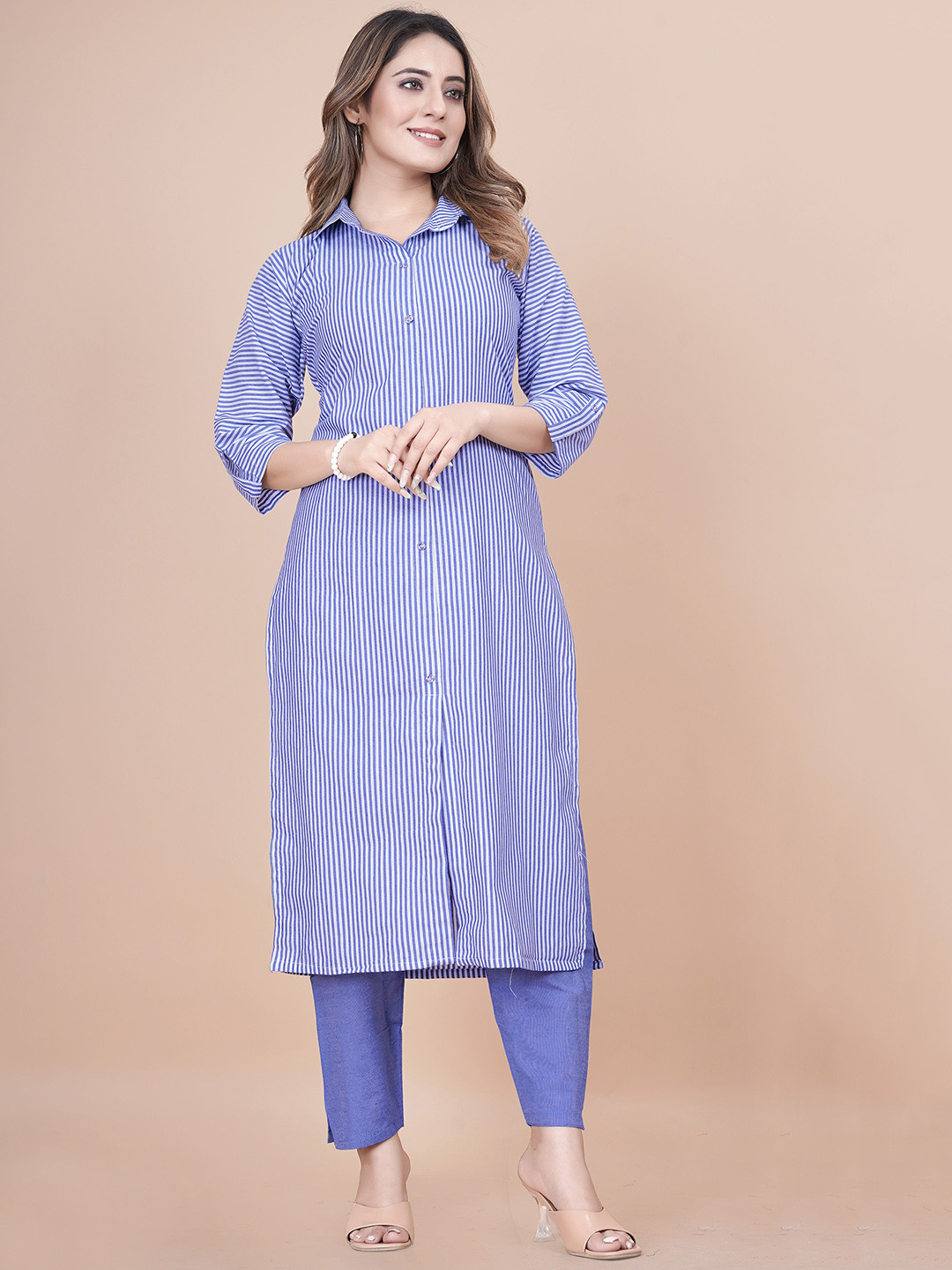 CLOTHING JUNCTION Striped Shirt Collar Pure Cotton Kurta with Trousers