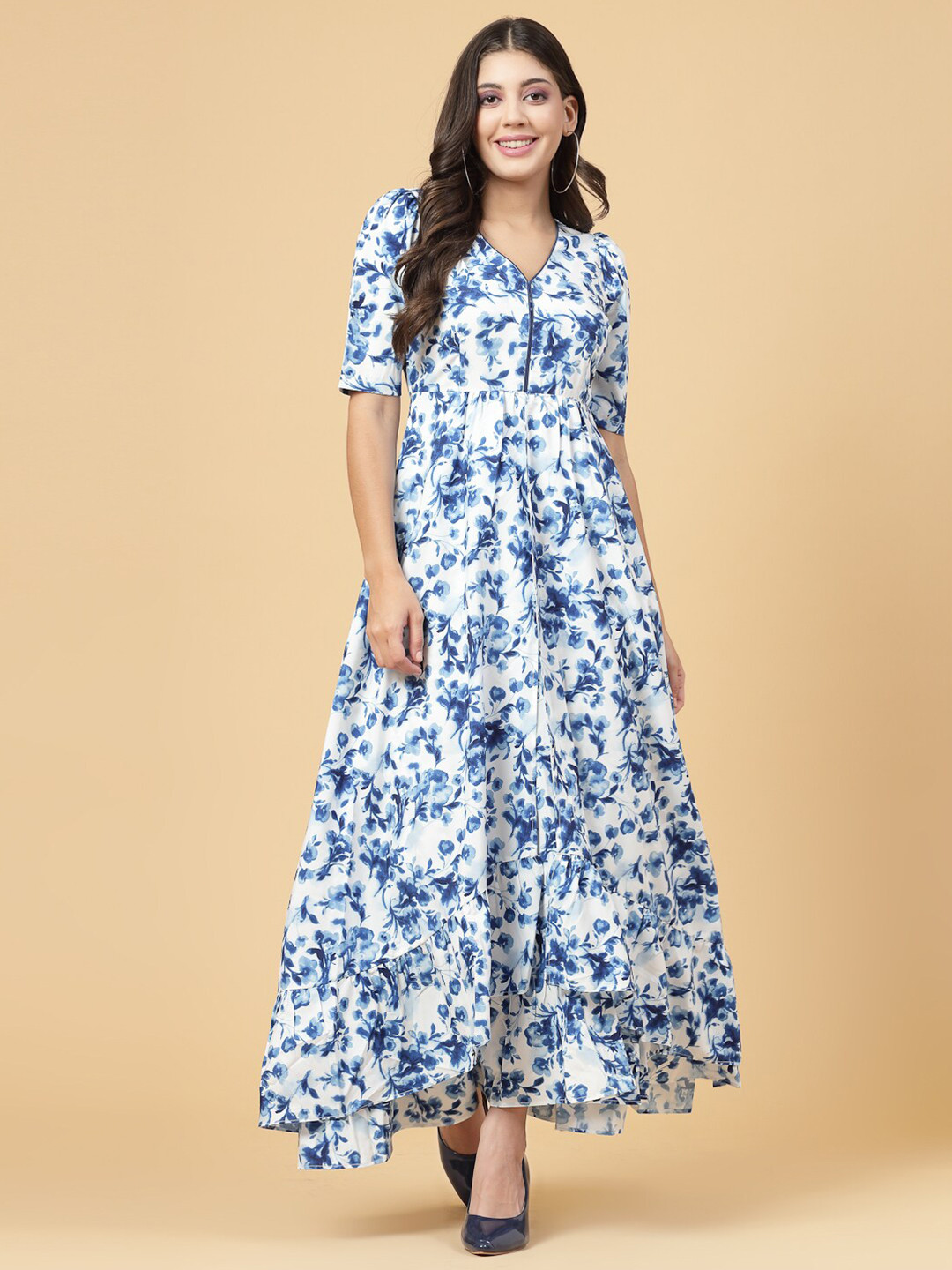 RAASSIO Floral Printed Puff Sleeves Maxi Dress