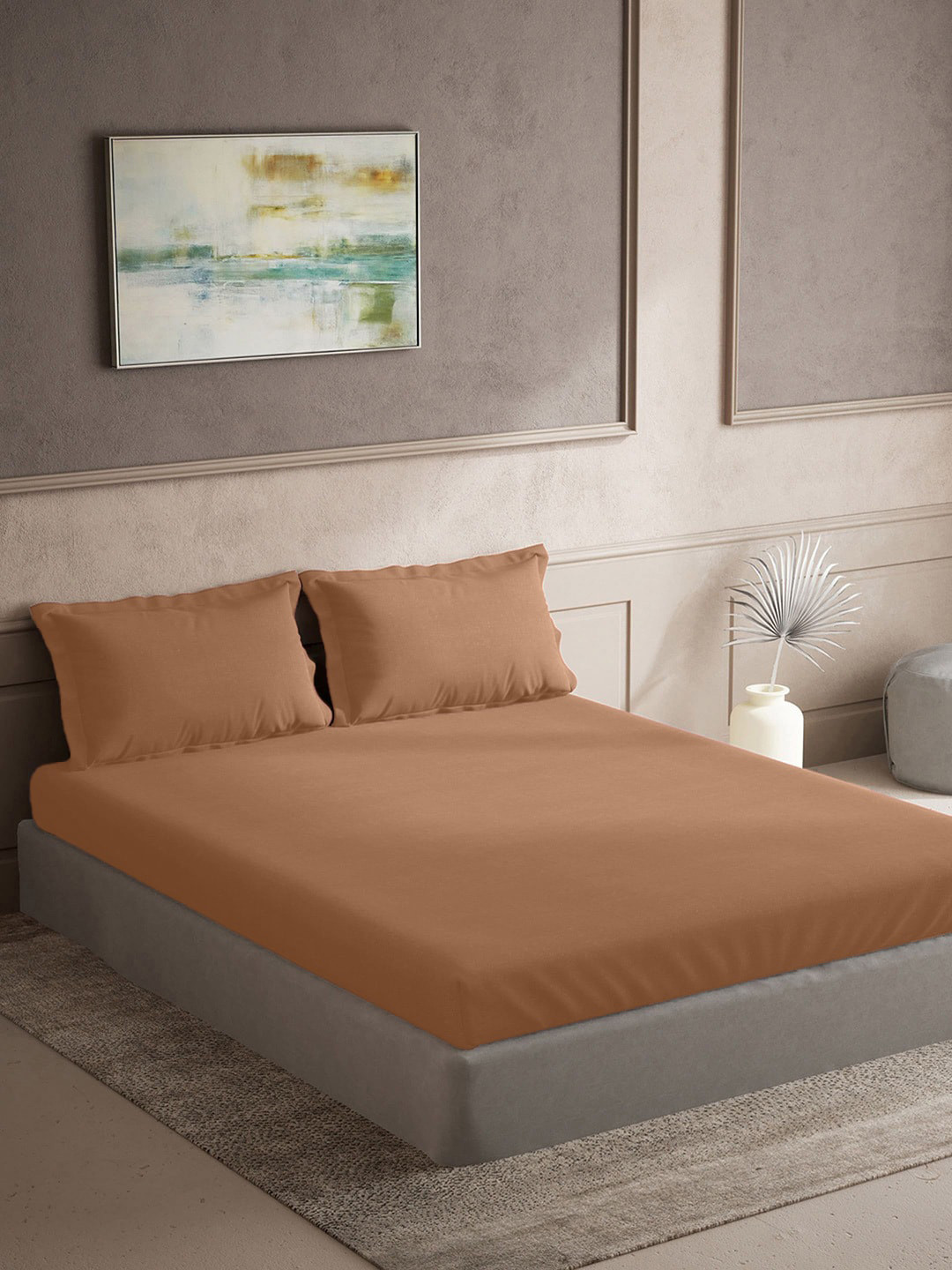 TARA- Sparkling Homes Taupe Cotton 300 TC King Fine Bedsheet with 2 Pillow Covers-108 x 108 inches