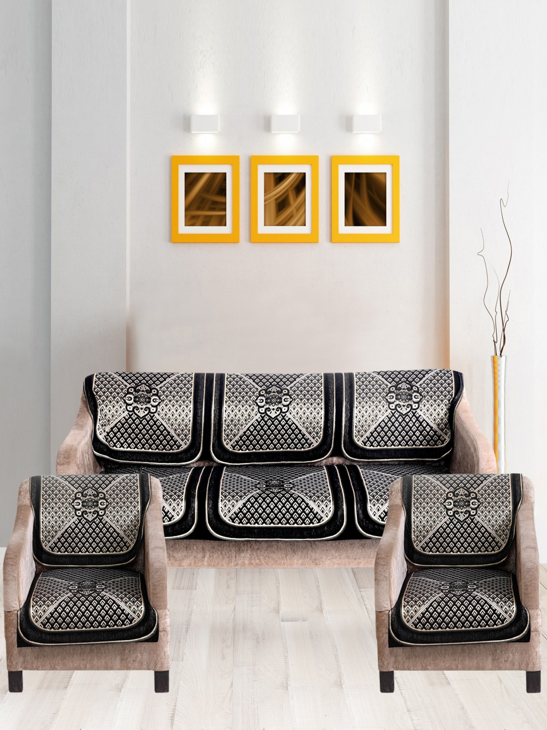 Nendle Black & Off-White 6 Pieces Printed 5 Seater Sofa Cover Set
