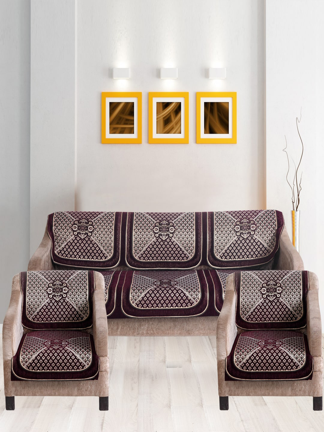 Nendle Violet 6 Pieces Printed Cotton 5-Seater Sofa Covers