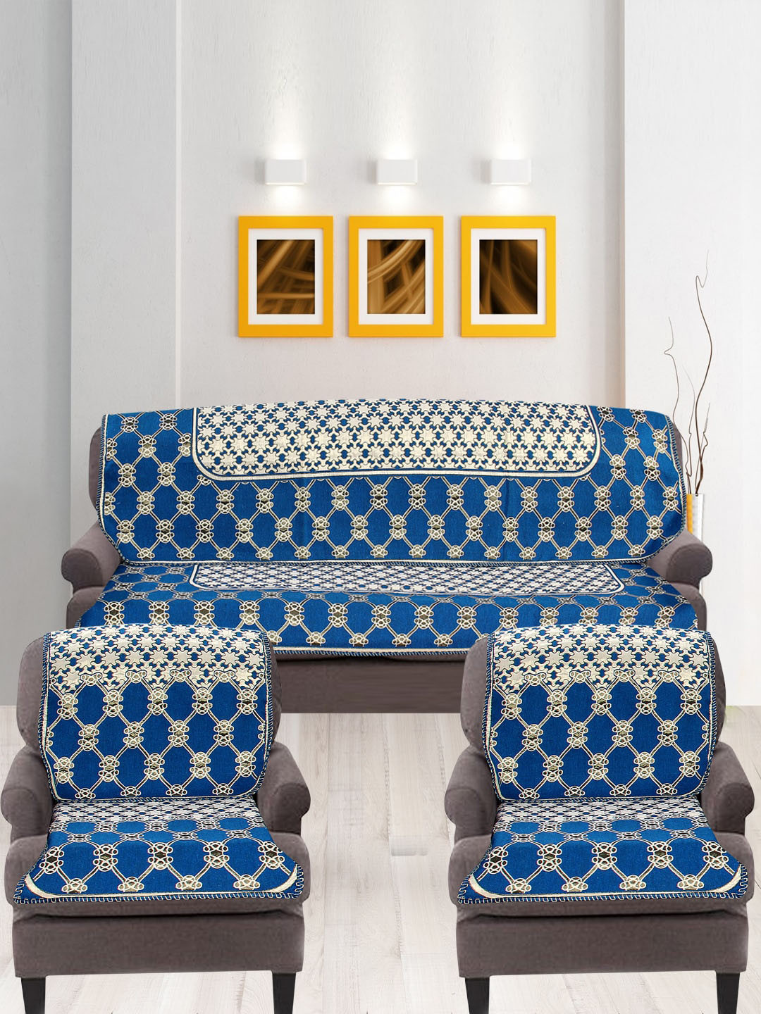 Nendle Blue & White 6 Pieces Printed Cotton 5-Seater Sofa Covers