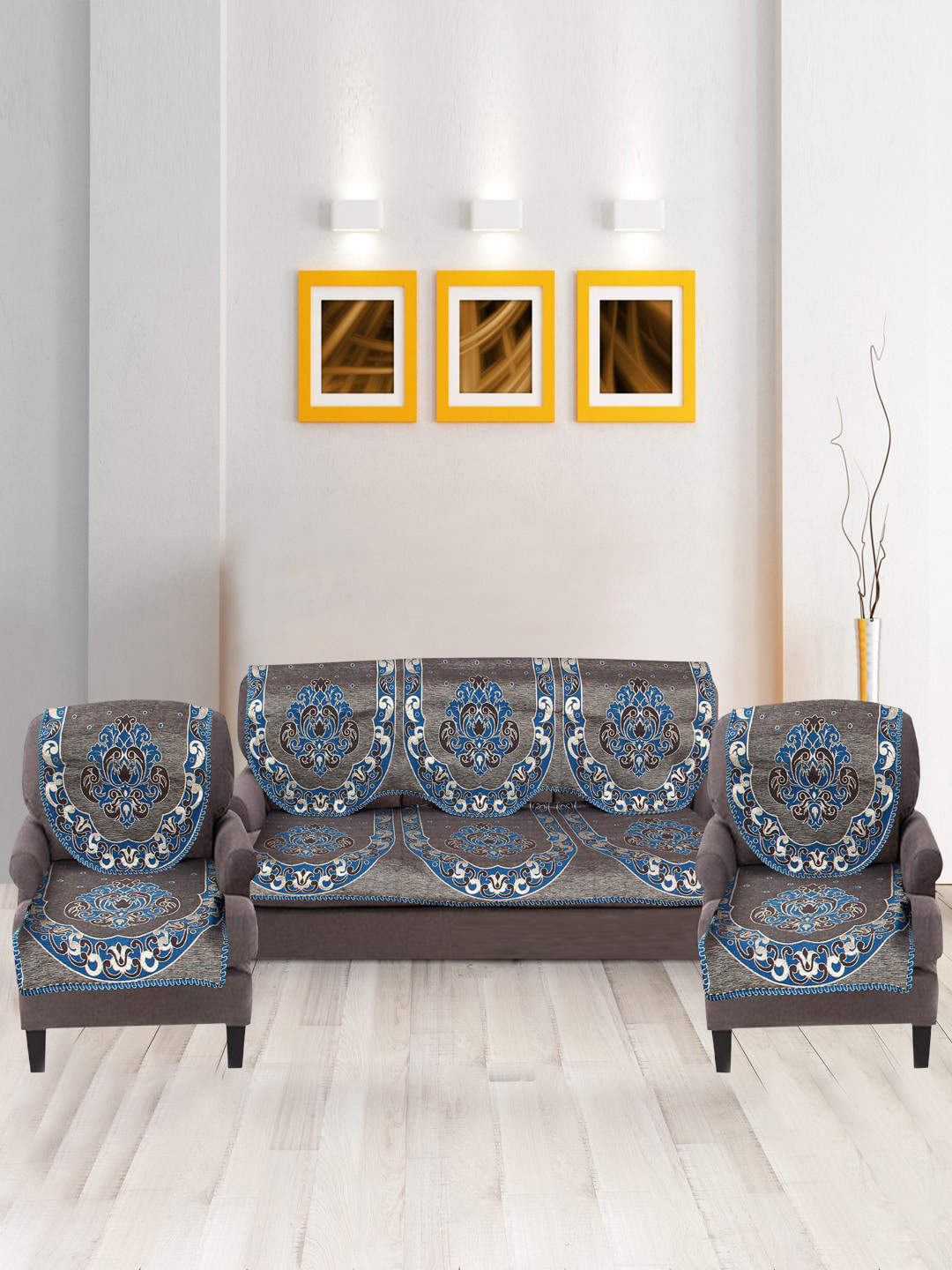 Nendle Blue & Grey 6 Pieces Printed Cotton 5-Seater Sofa Covers
