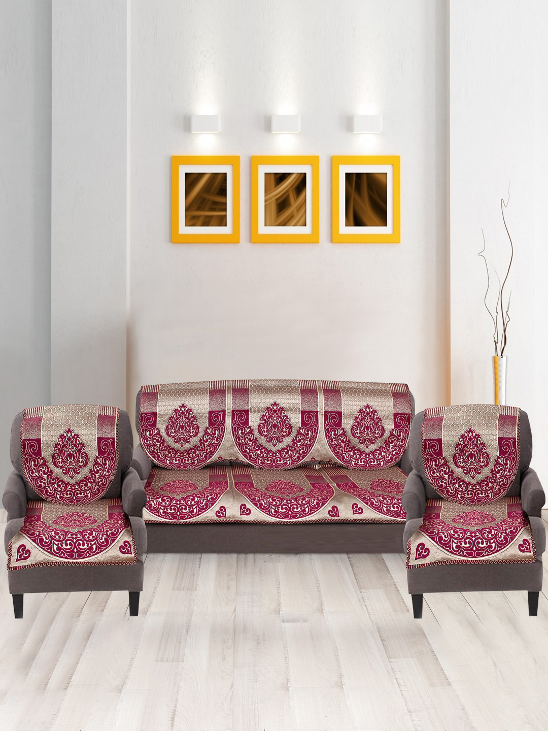 Nendle Pink 6 Pieces Printed Cotton 5-Seater Sofa Covers