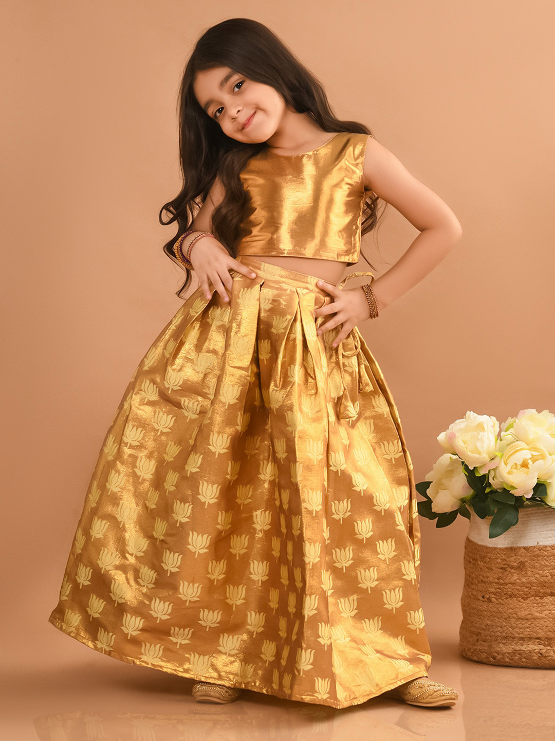 LilPicks Girls Woven Design Silk Sleeveless Ready To Wear Lehenga Choli