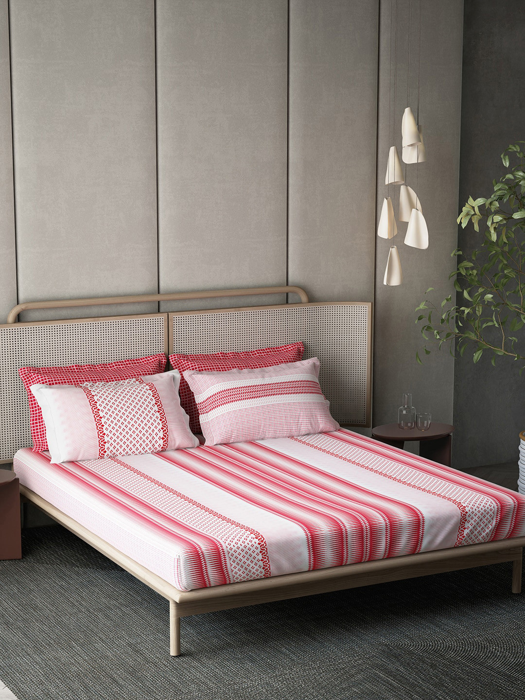 DDecor Live Beautiful Red Striped Cotton 180 TC King Fine Bedsheet with 4 Pillow Covers-108 x 108 inches