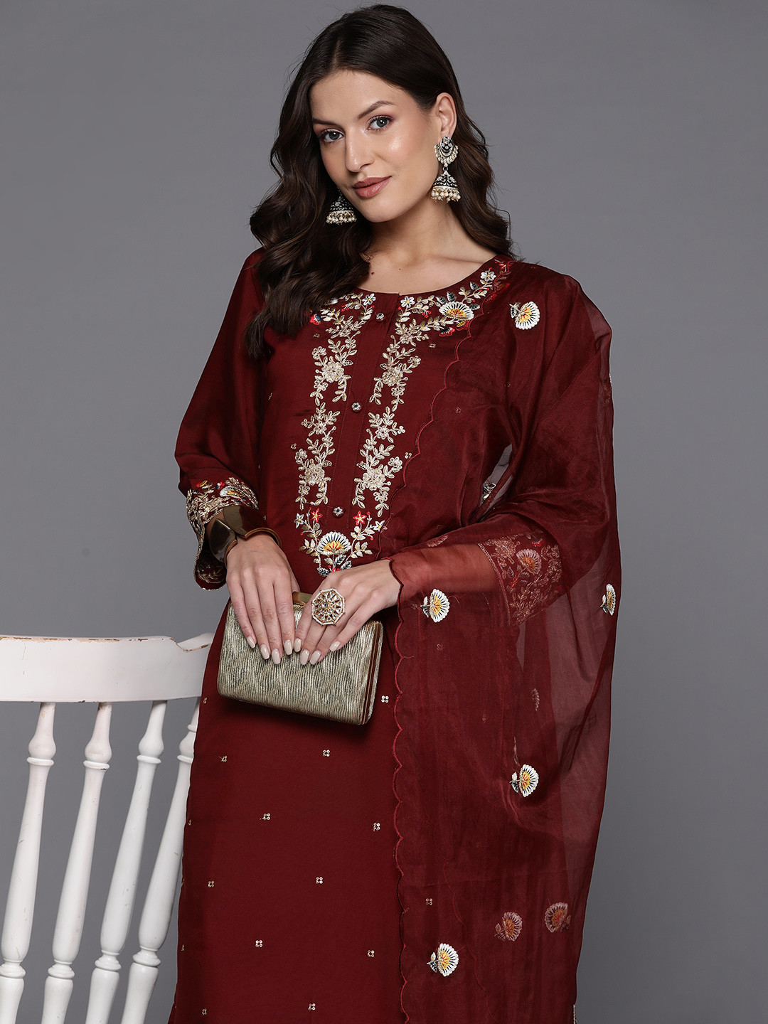 Indo Era Women Floral Yoke Design Regular Thread Work Kurta with Trousers & Dupatta