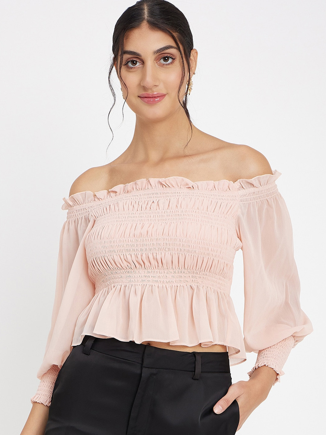 CAMLA Off-Shoulder Puff Sleeve Smocking Bardot Crop Top