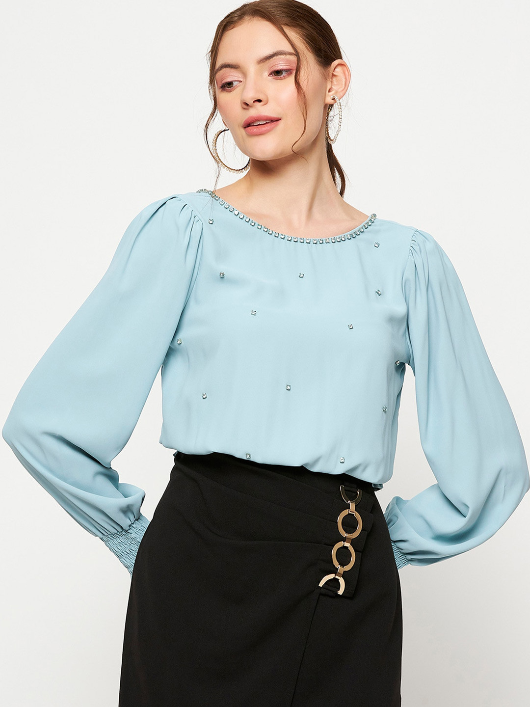 CAMLA Embellished Puff Sleeve Smocking Blouson Top