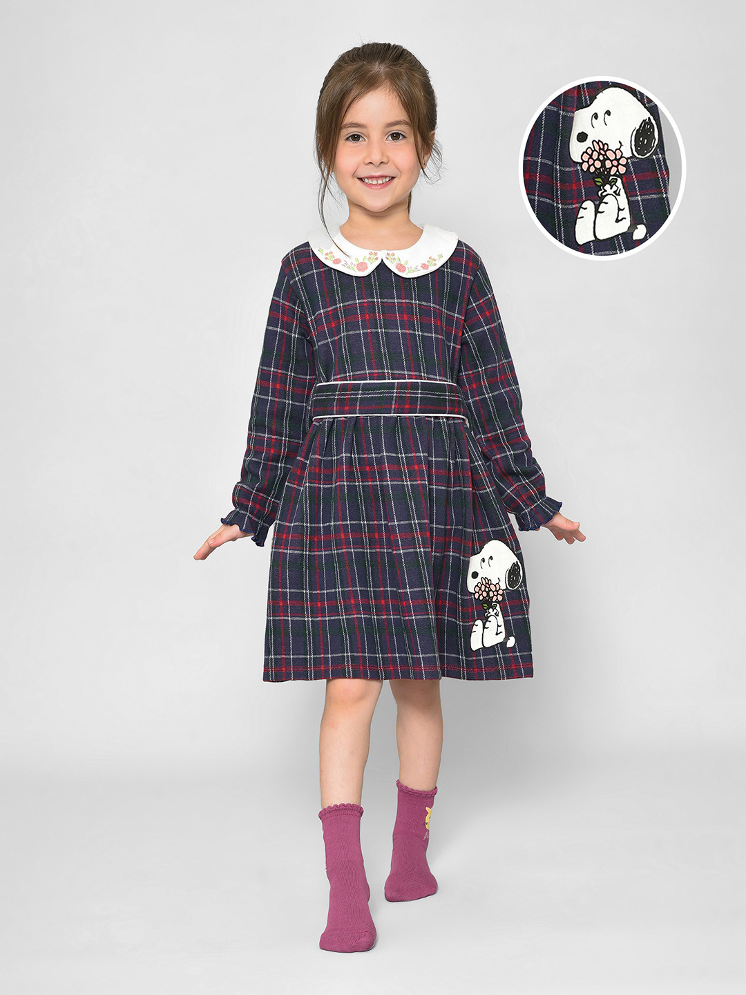 MiArcus Girls Checked Peanuts Printed Peter Pan Collar Cotton A-Line Dress