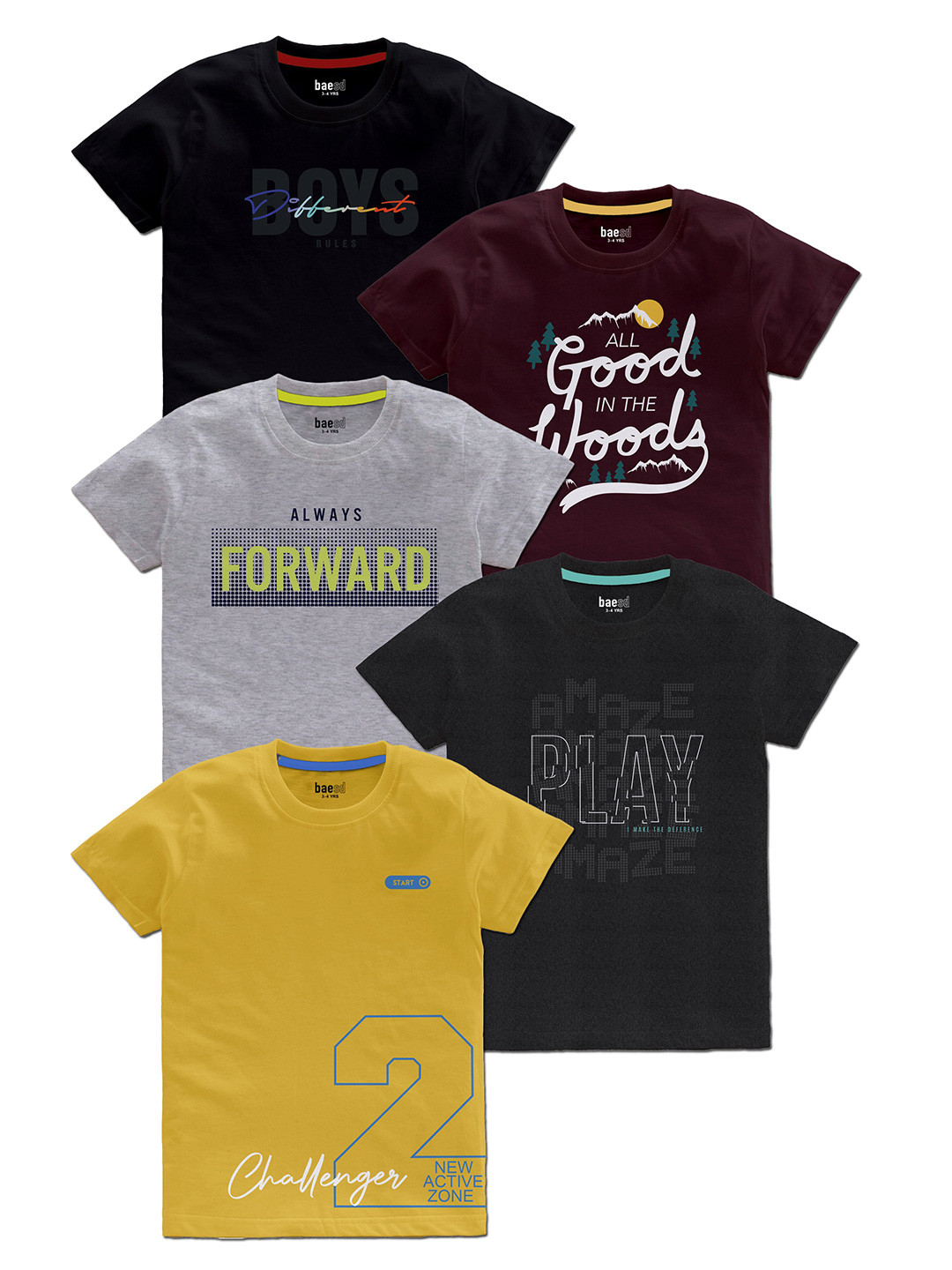 BAESD Boys Pack Of 5 Typography Printed Cotton T-Shirt