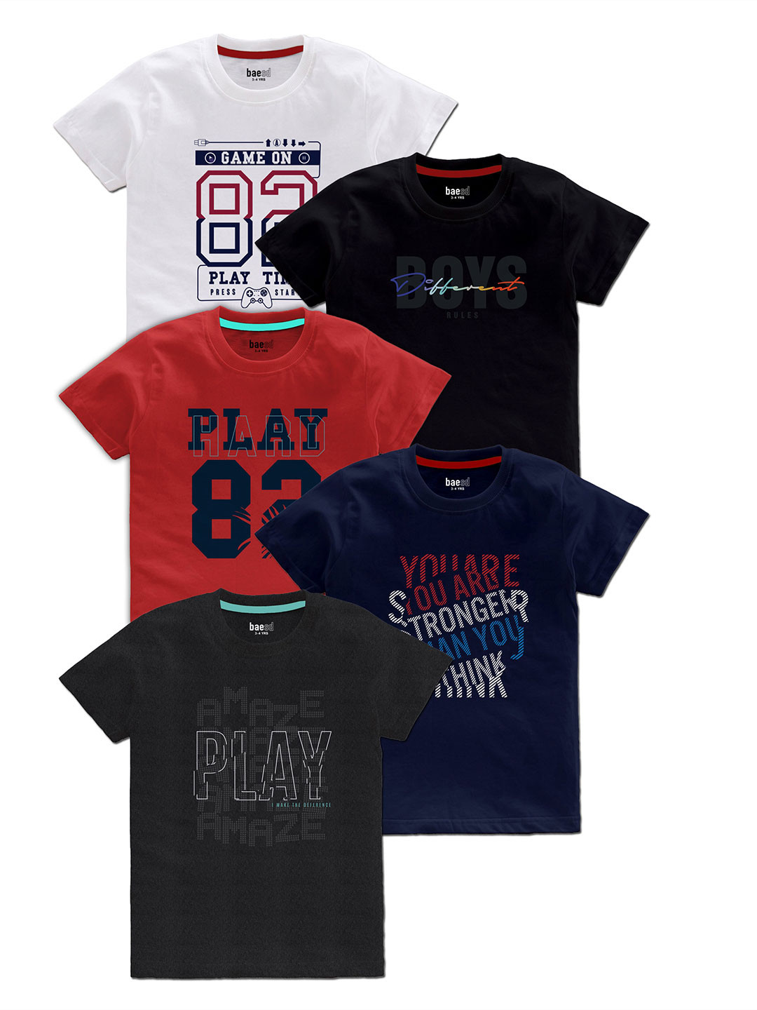 BAESD Boys Pack Of 5 Typography Printed Round Neck T-shirts