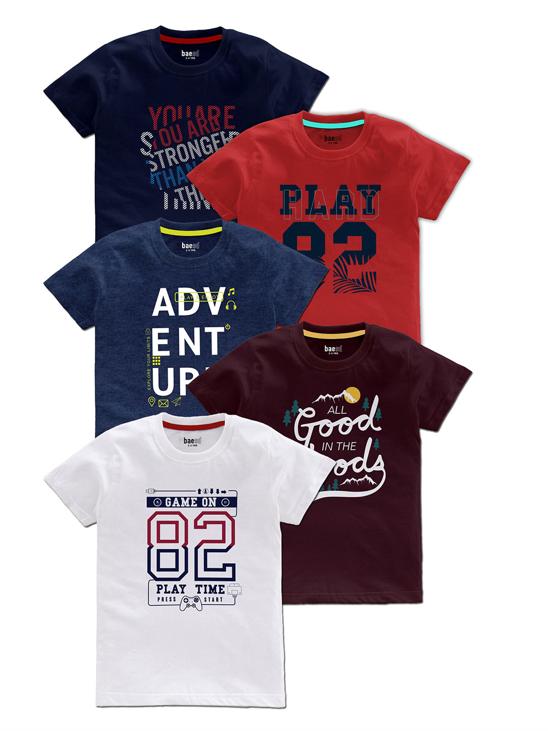 BAESD Boys Pack Of 5 Typography Printed Cotton T Shirts