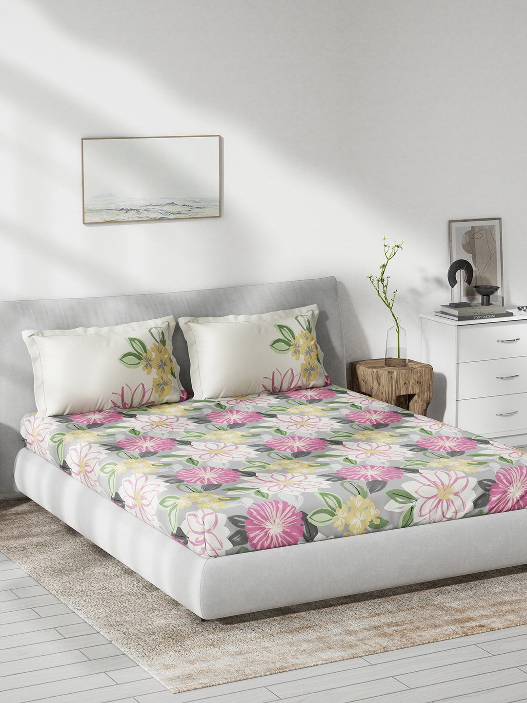 DDecor Live Beautiful Grey Floral Cotton 144 TC Queen Bedsheet with 2 Pillow Covers-90 x 108 inches