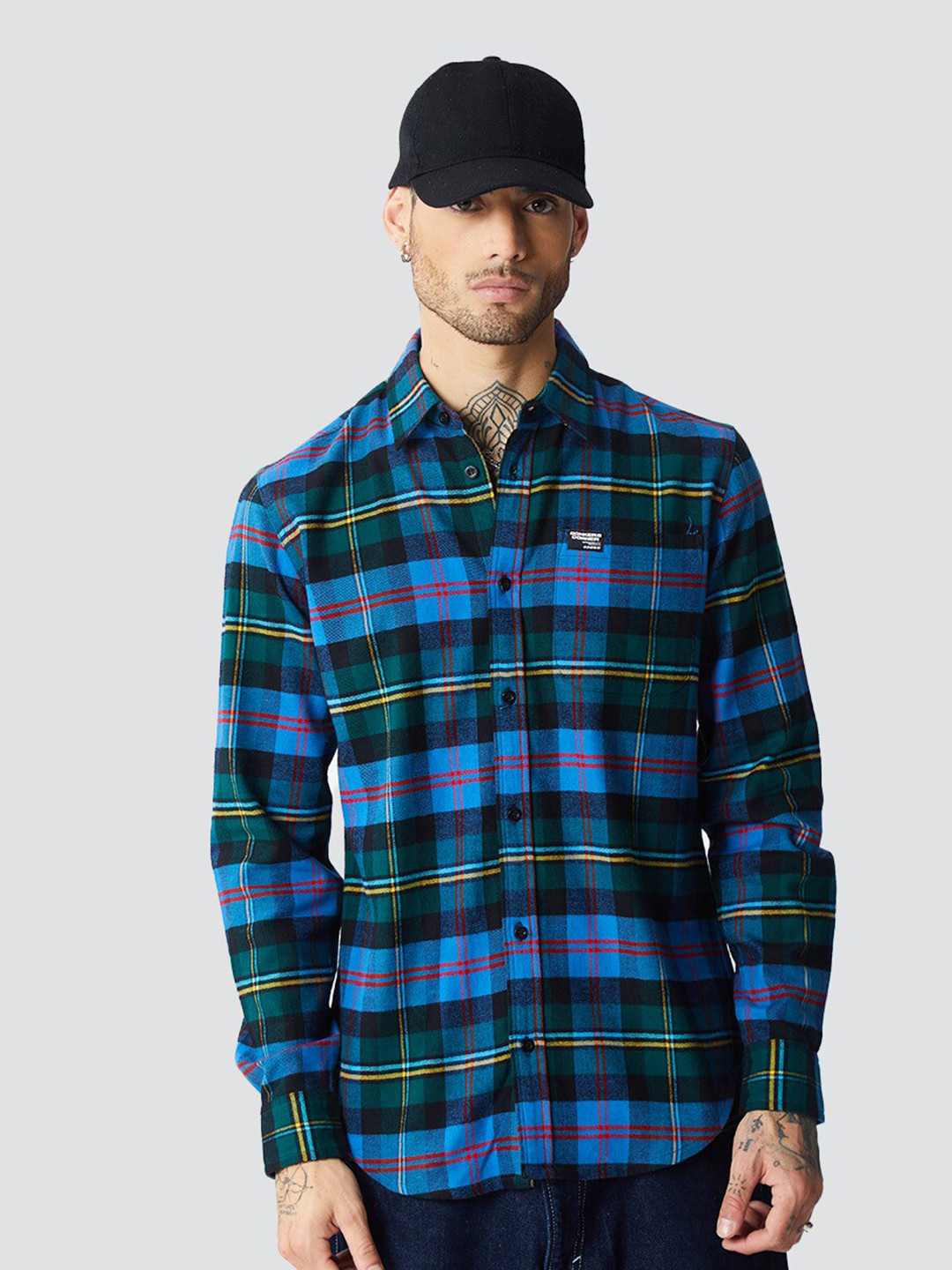 Bonkers Corner Blue Tartan Checked Opaque Cotton Casual Shirt
