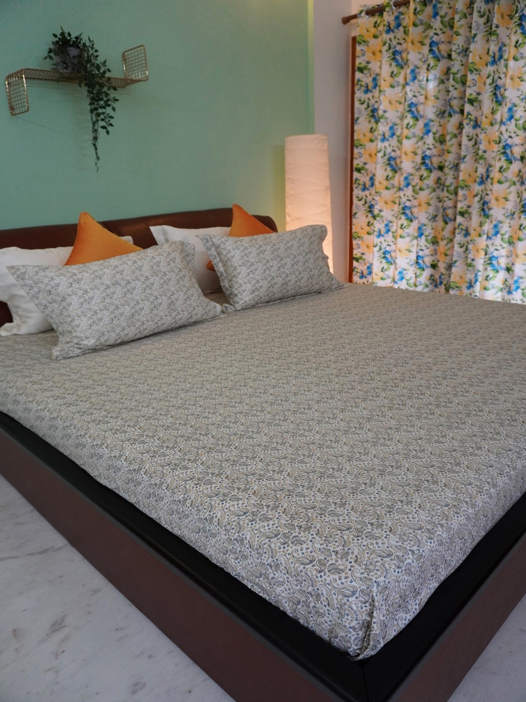 TARA- Sparkling Homes Yellow Paisley Cotton 250 TC King Fine Bedsheet with 2 Pillow Covers-274 x 274 cm