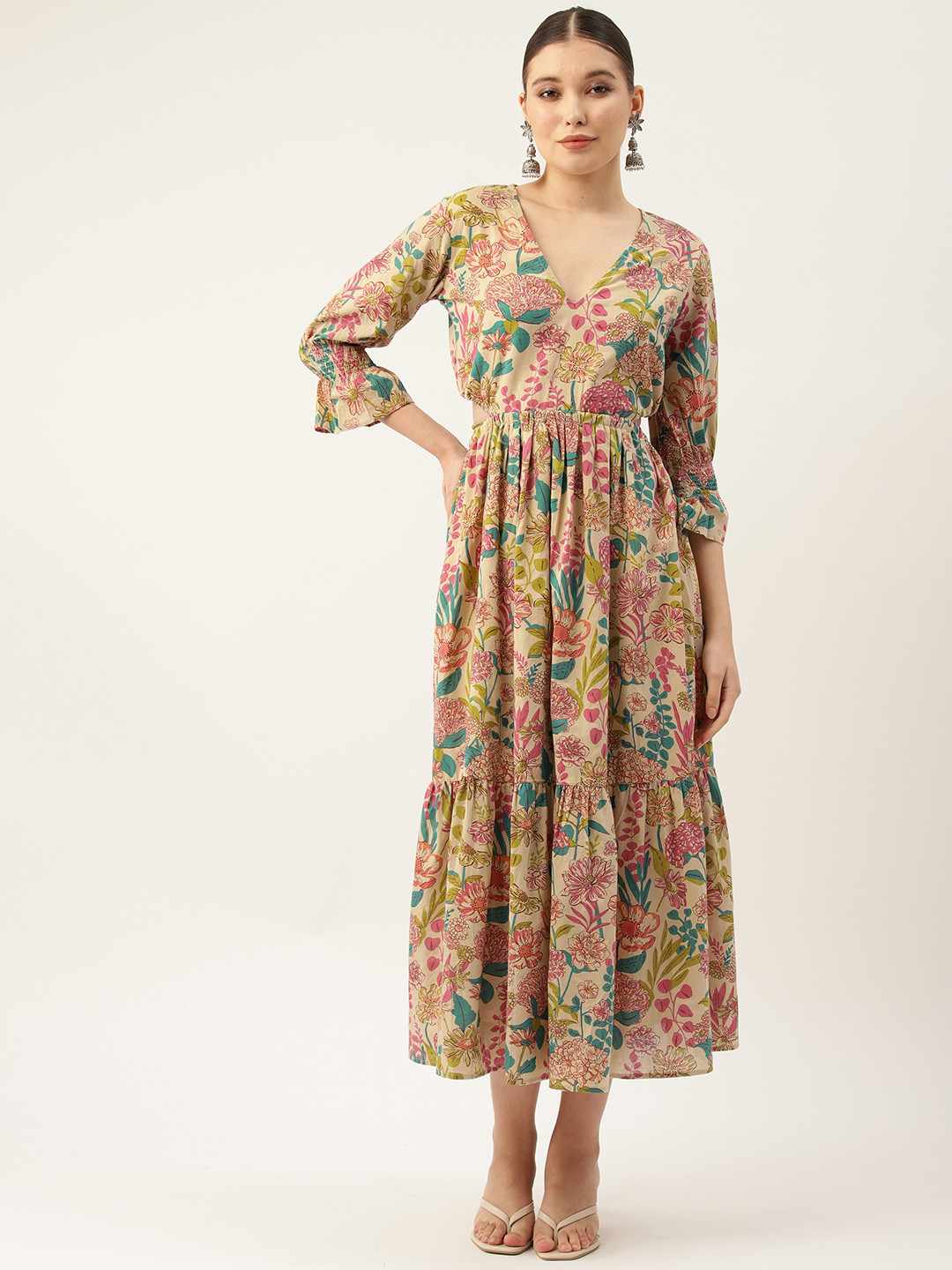 Jaipur Morni Cream-Coloured Floral Print Bell Sleeve Pure Cotton Fit & Flare Maxi Dress