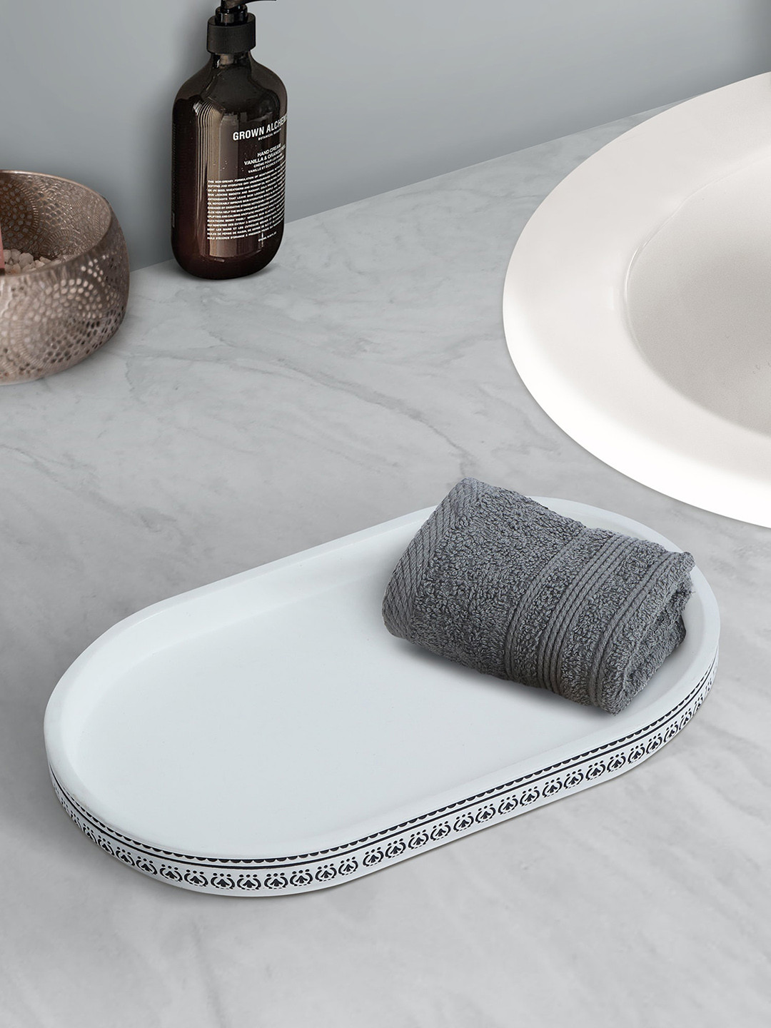 OBSESSIONS White & Black Ethnic Motifs Textured Bath Tray