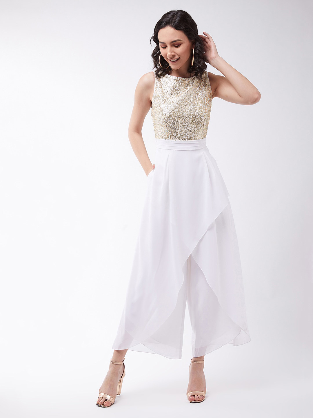 DressBerry Off White & Gold-Toned Layered Basic Jumpsuit
