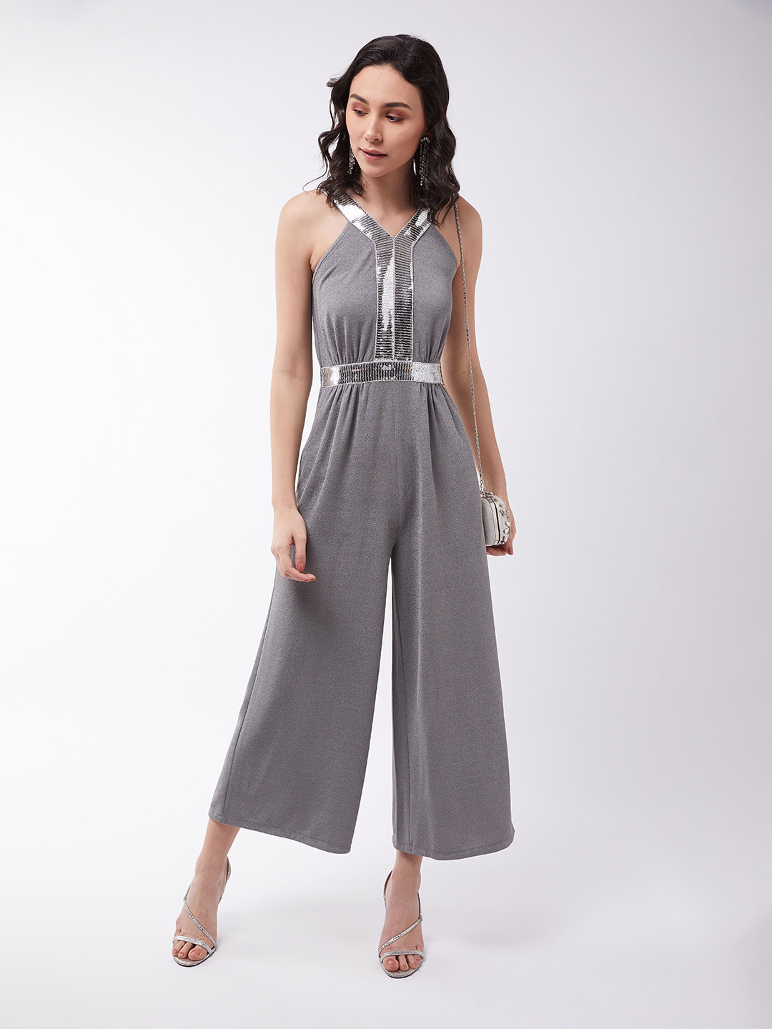 DressBerry Grey Halter Neck Sequined Basic Jumpsuit