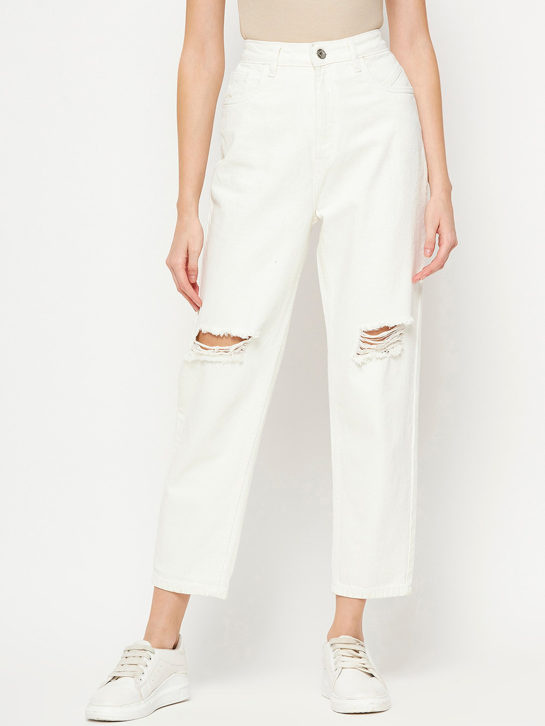 CAMLA Women Mom Fit Mildly Distressed Cotton Jeans