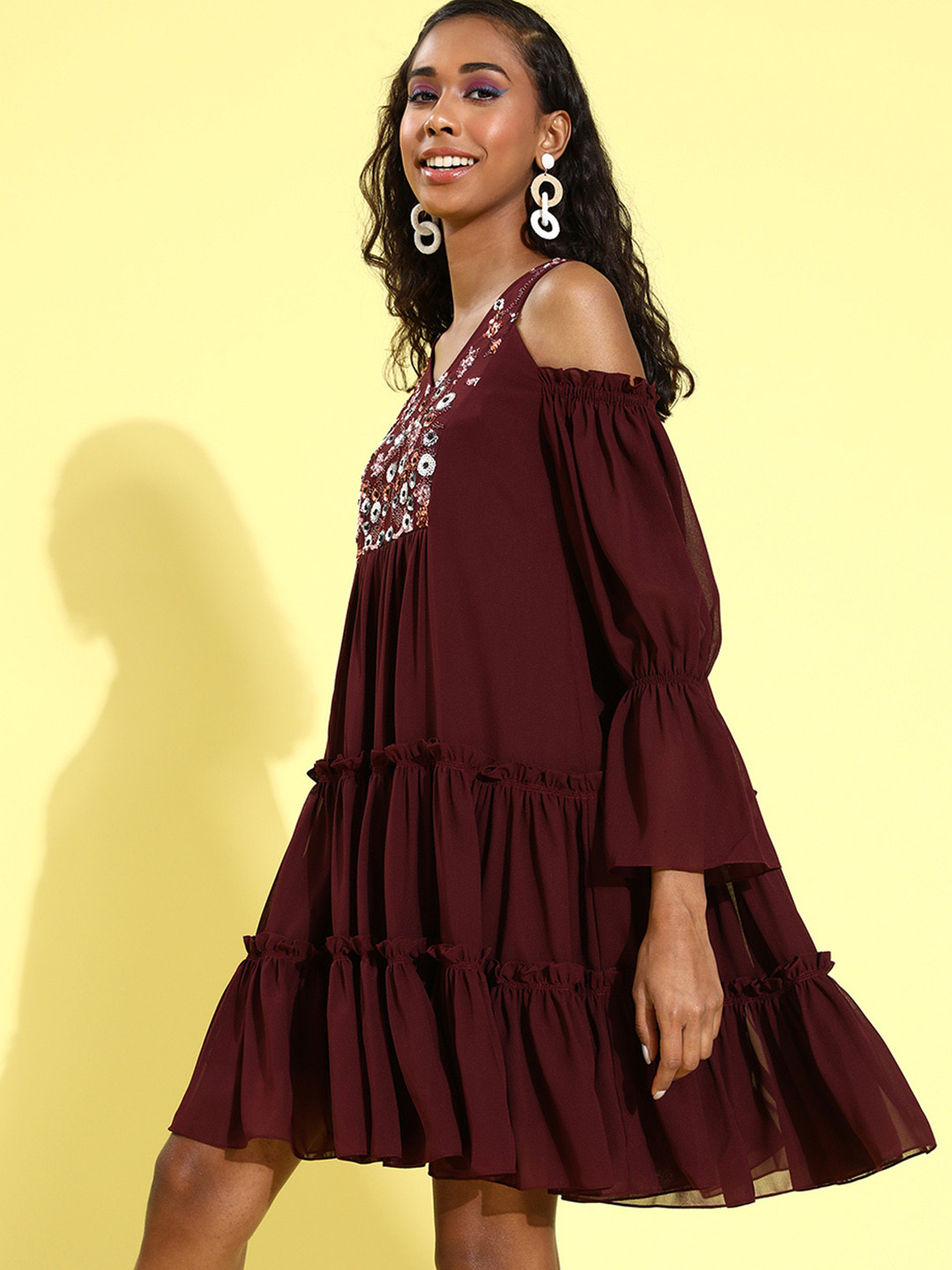 DressBerry Floral Embellished Cold-Shoulder Sleeves Gathered Tiered Georgette A-Line Dress