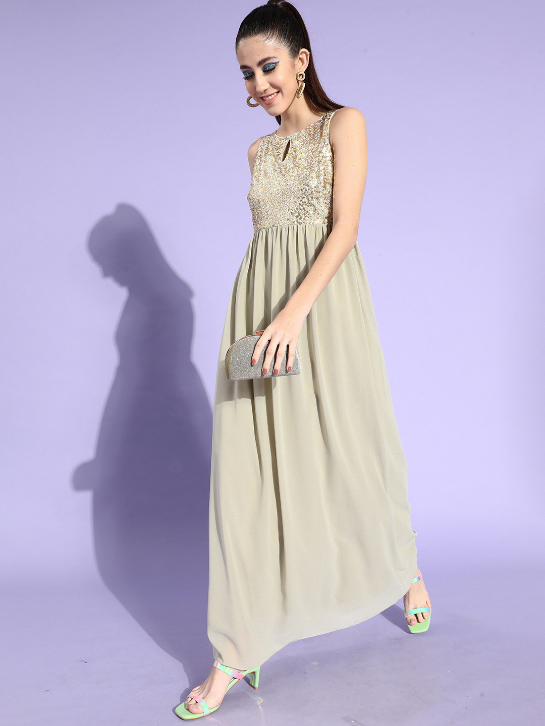 DressBerry Beige Self Design Round Neck Sequined Fit & Flare Maxi Dress