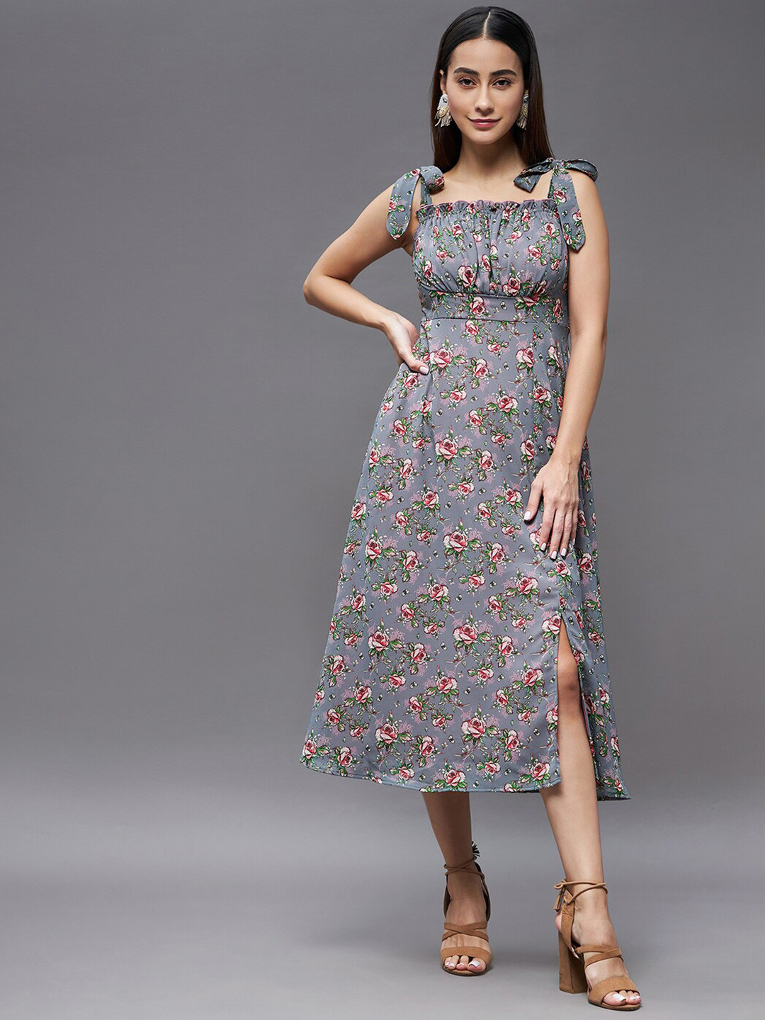 DressBerry Grey Floral Printed Shoulder Straps Smocking Georgette A-Line Midi Dress
