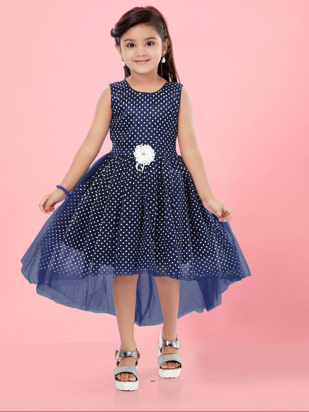 Aarika Girls Polka Dot Printed Gathered Detailed High-Low Net Fit & Flare Midi Dress