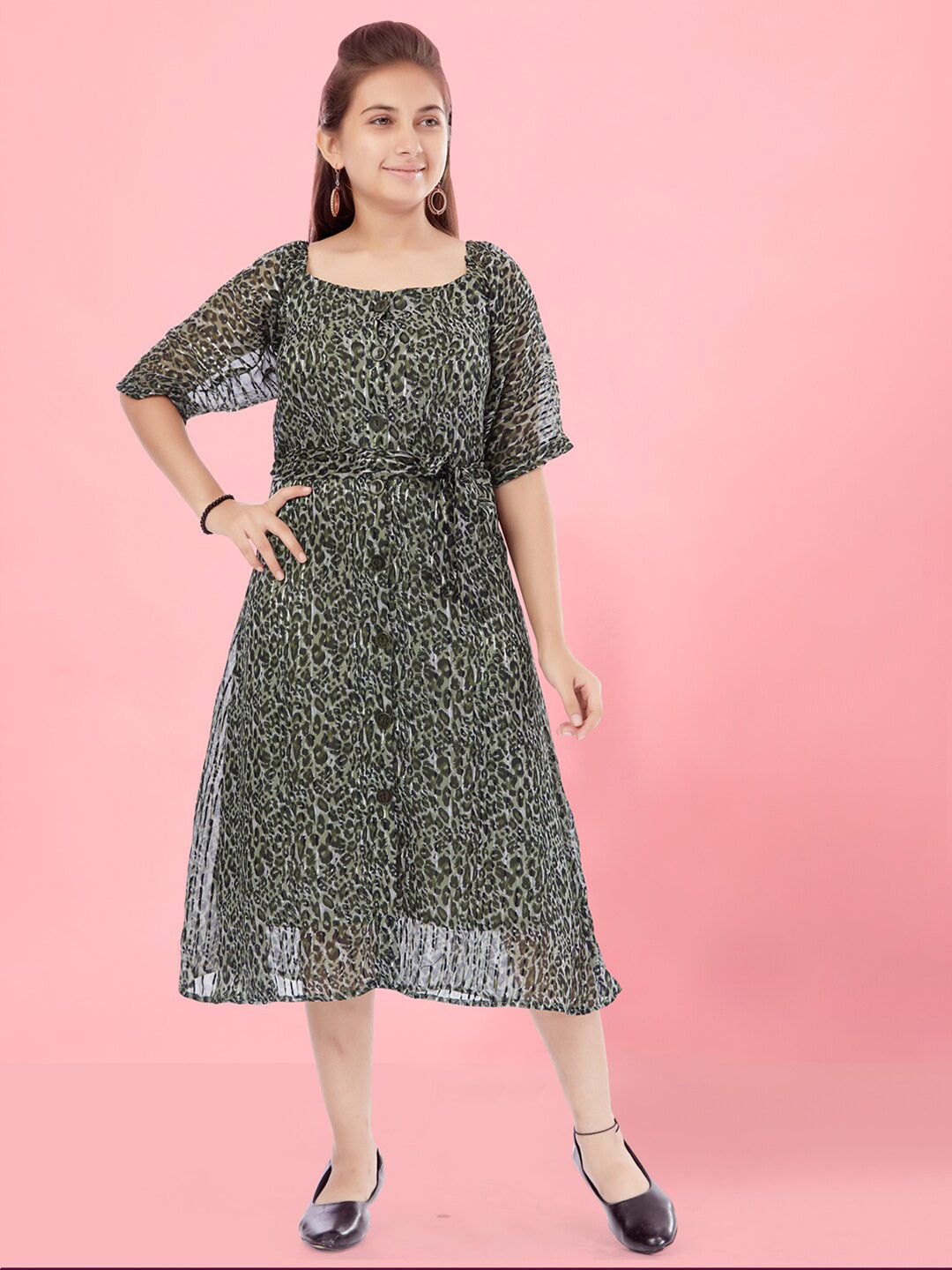 Aarika Girls Animal Printed Square Neck A-Line Midi Dress With Belt