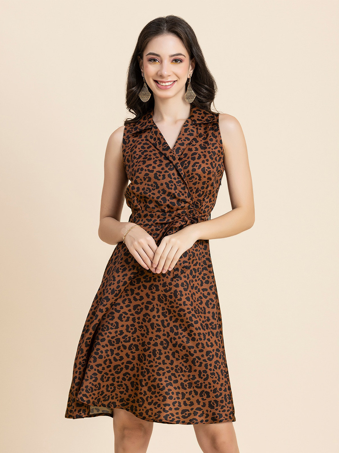 Moomaya Animal Printed Shirt Collar Sleeveless Tie-Up A-Line Dress