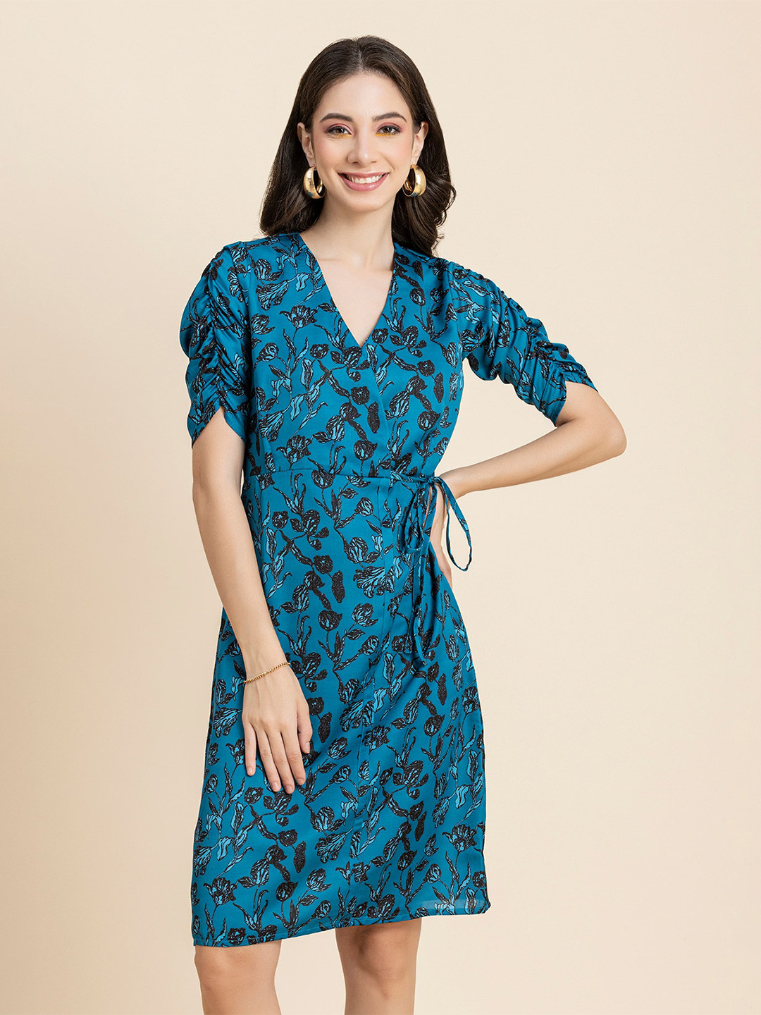 Moomaya Floral Printed V-Neck Short Ruched Sleeves Tie-Up Wrap Dress