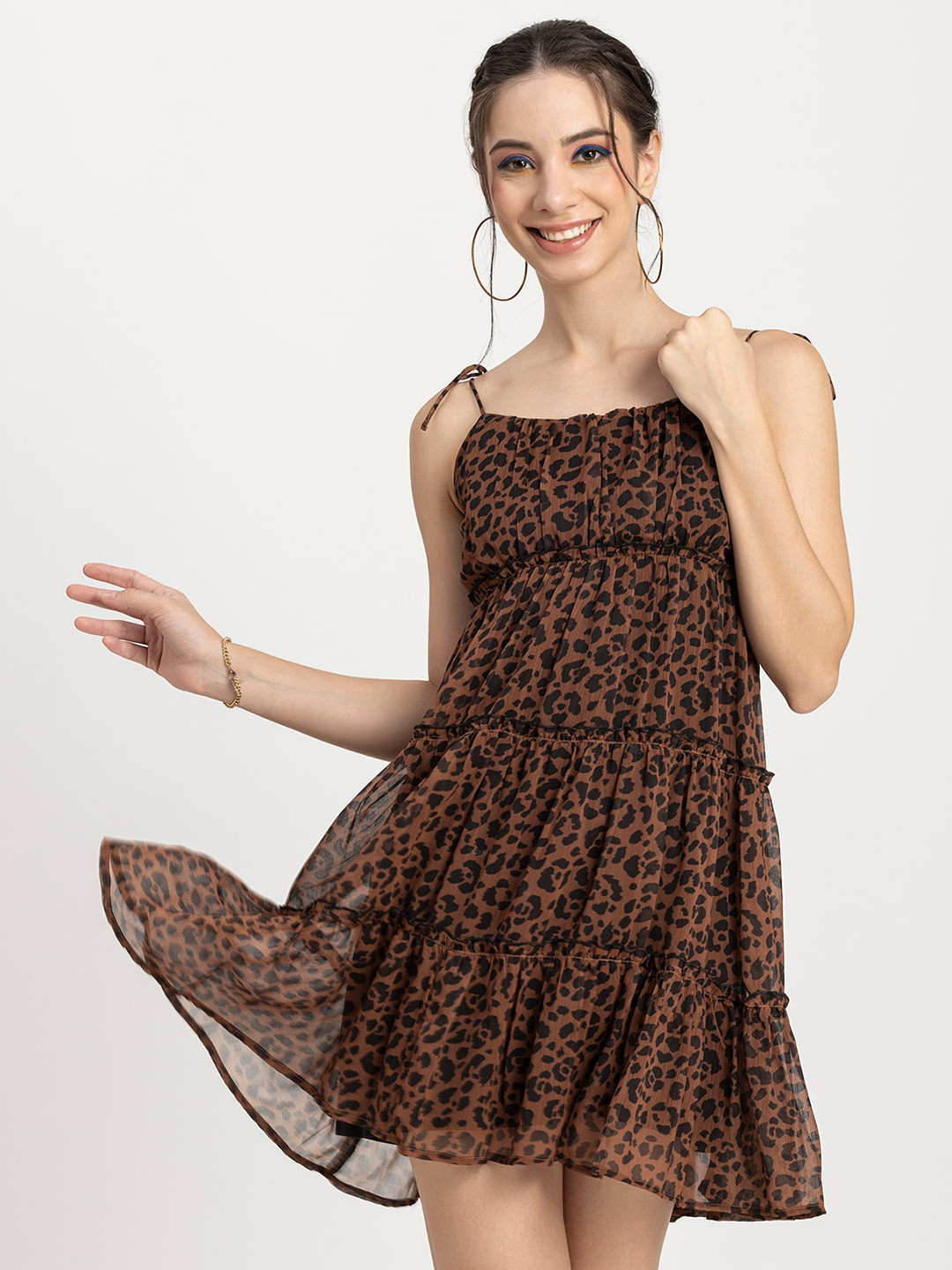 Moomaya Animal Skin Printed Shoulder Straps Smocked Tiered Chiffon Empire Dress