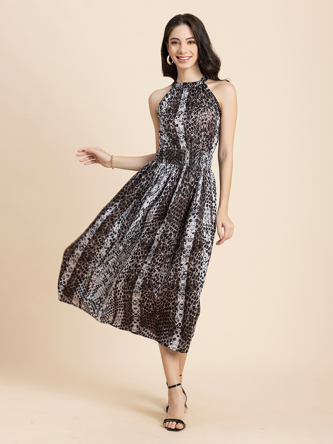 Moomaya Animal Skin Printed Halter Neck Smocked Satin Fit & Flare Dress