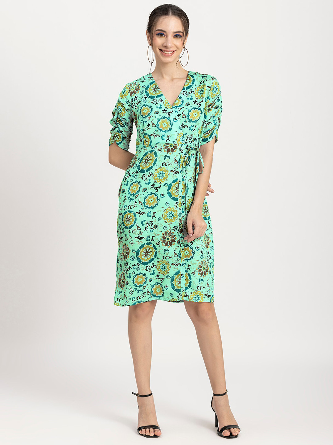 Moomaya Floral Printed V-Neck Short Ruched Sleeves Tie-Up Wrap Dress