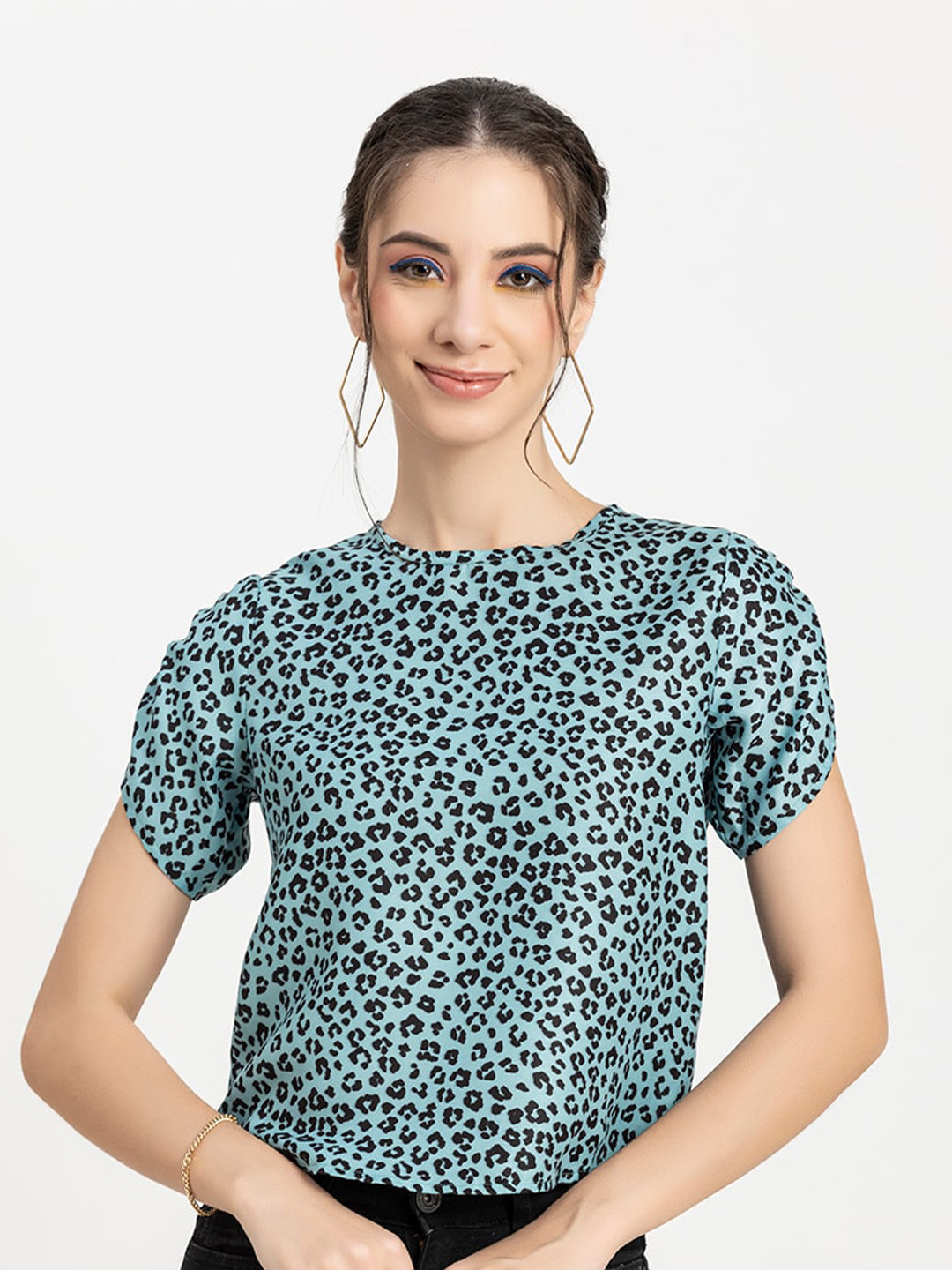 Moomaya Animal Printed Extended Sleeves Satin Top