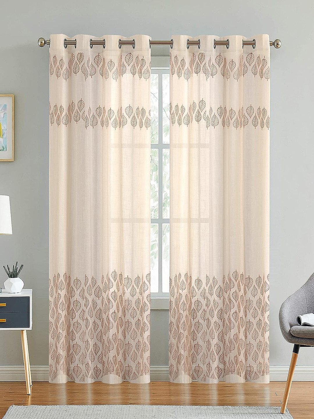 LINENWALAS Happy Sleeping 2 Pcs Beige & Brown Cotton Sheer Window Curtains