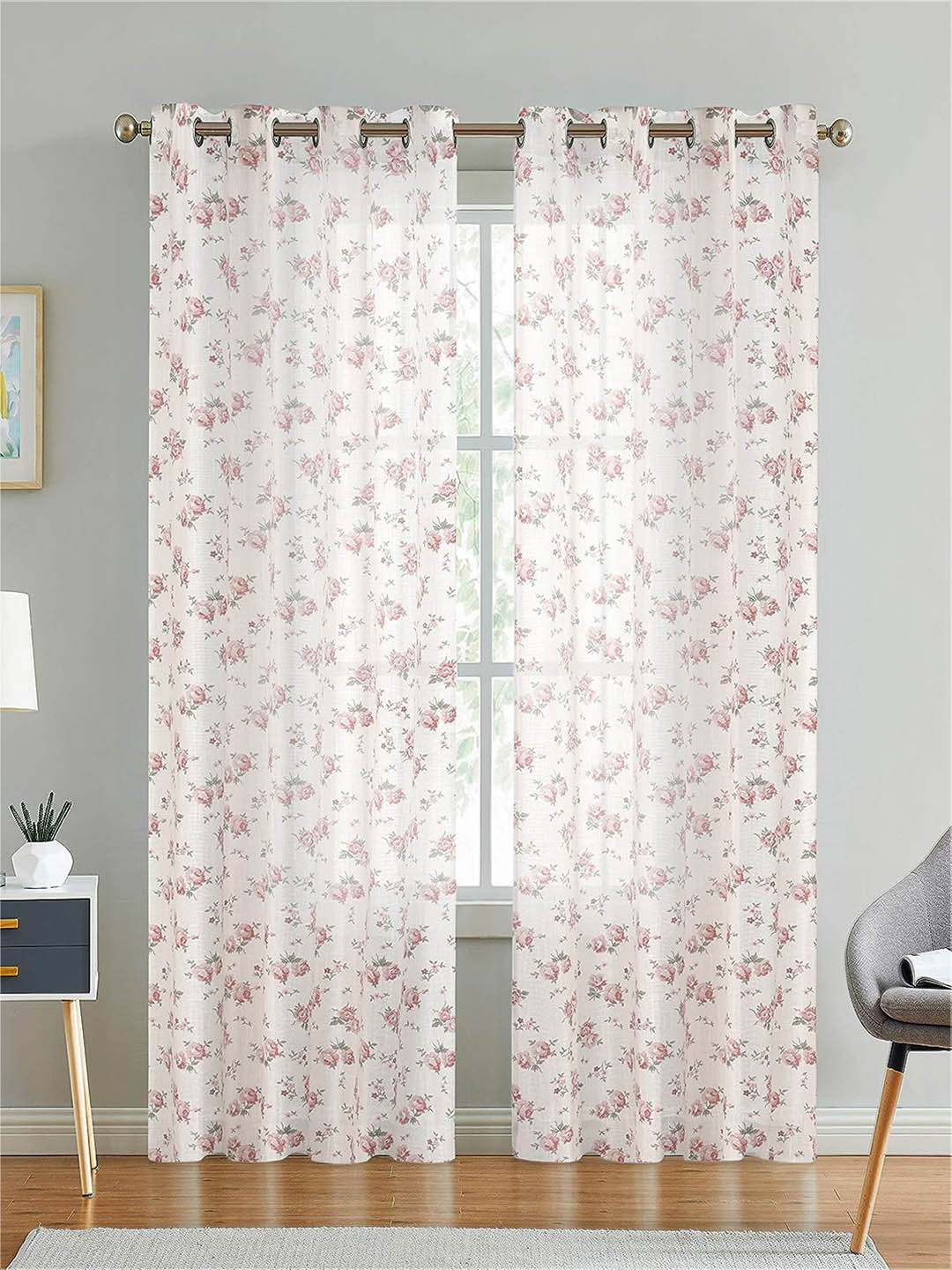 LINENWALAS Happy Sleeping 2 Pcs White & Pink Floral Cotton Sheer Door Curtains