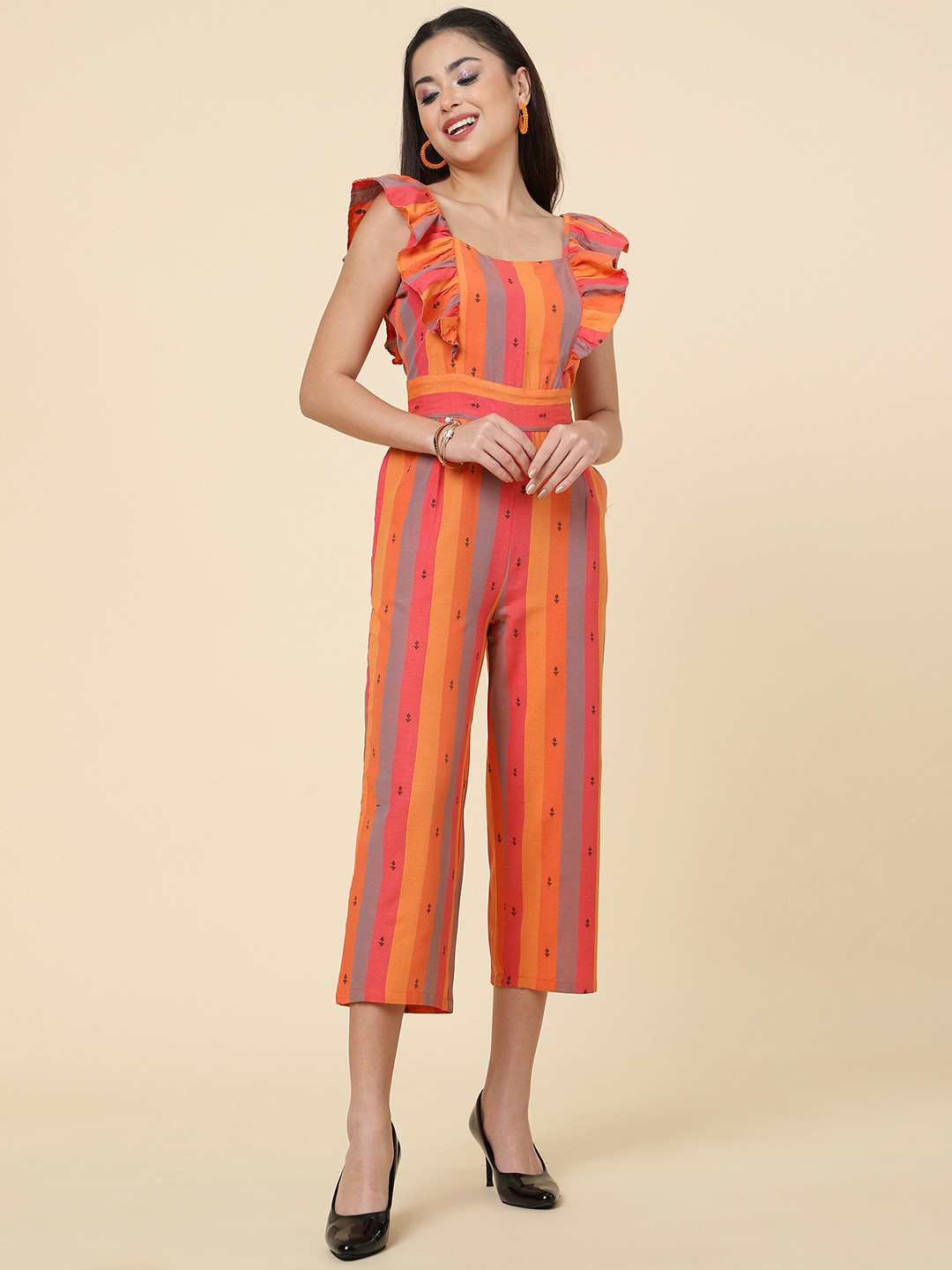 KALINI Orange & Red Striped Square Neck Cotton Basic Jumpsuit
