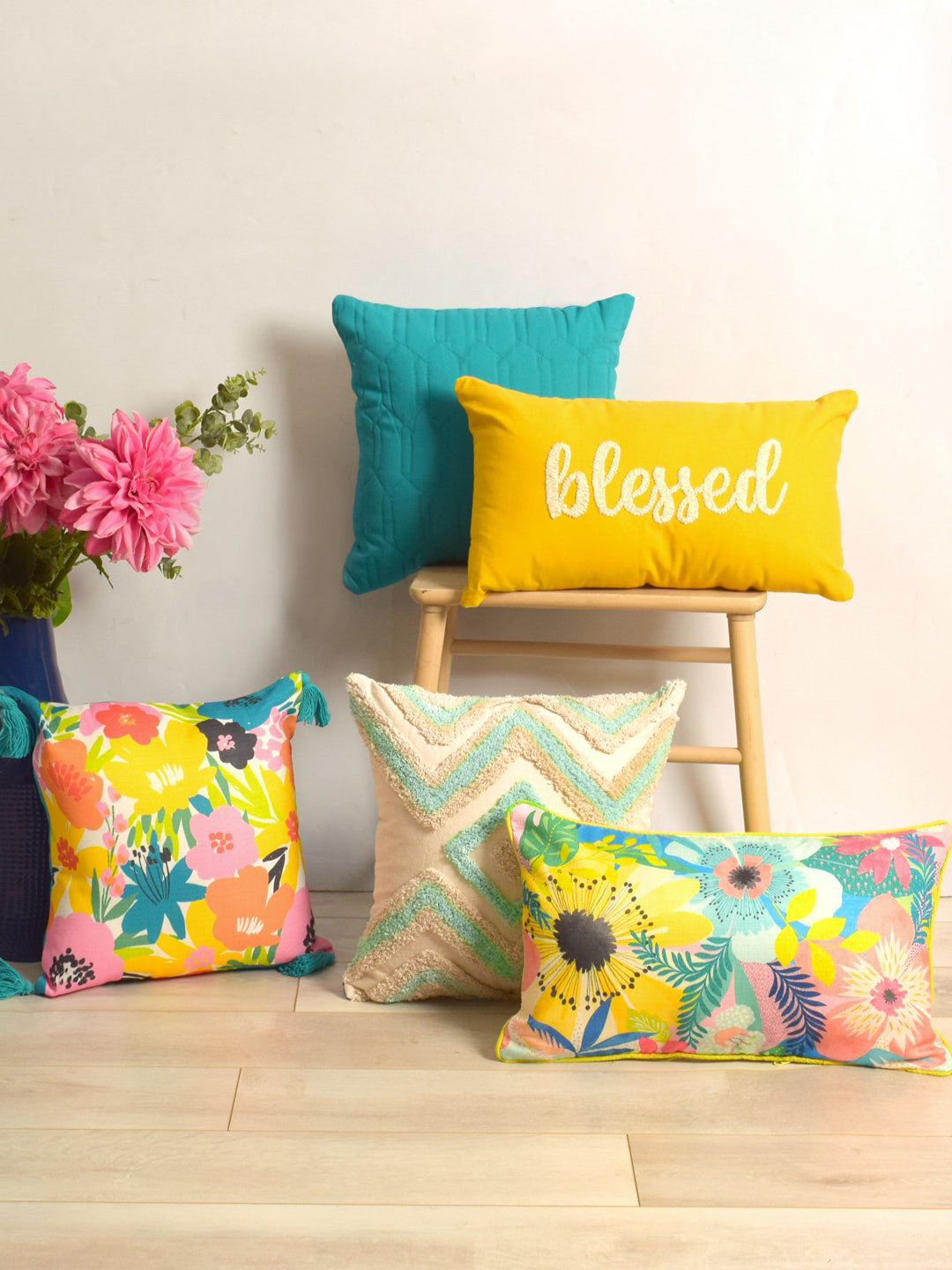 BLANC9 Yellow & Green 5 Pieces Printed Square & Rectangle Cushion Covers