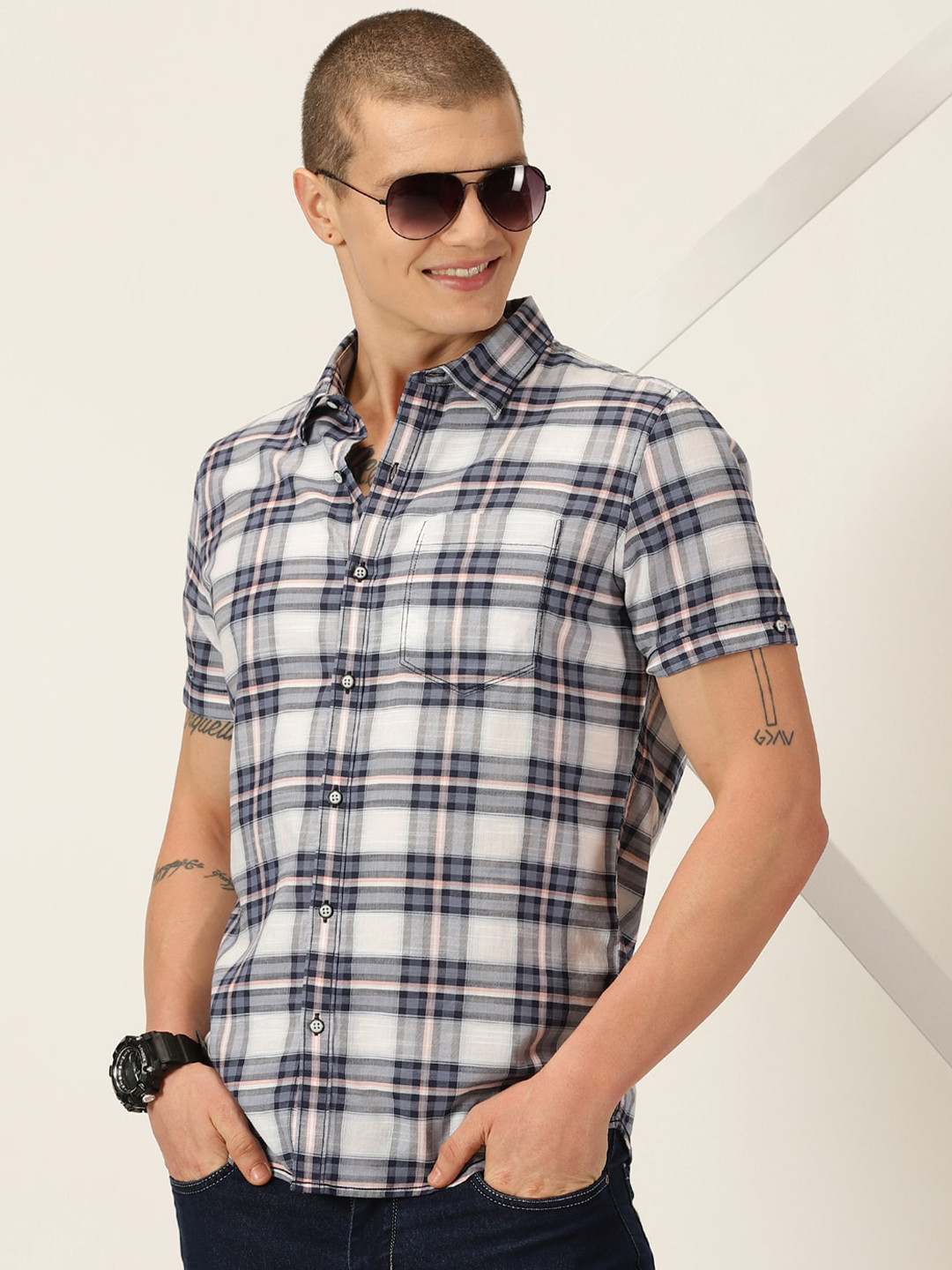 Thomas Scott Tartan Checked Smart Slim Fit Opaque Cotton Casual Shirt