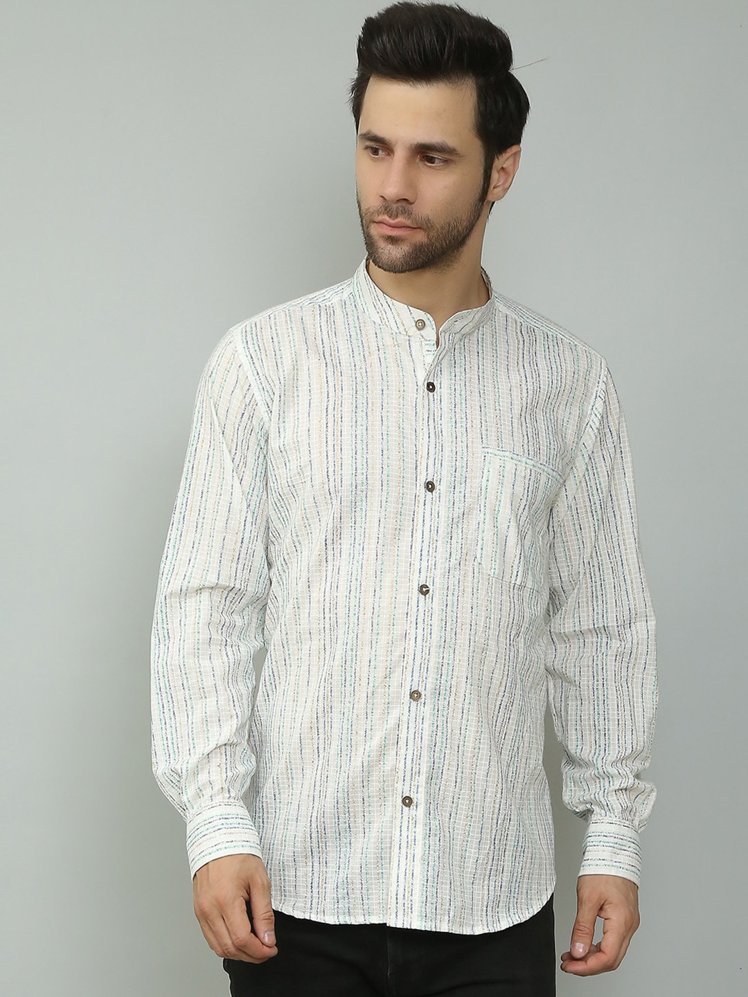Spring Soul Comfort Vertical Striped Mandarin Collar Cotton Casual Shirt