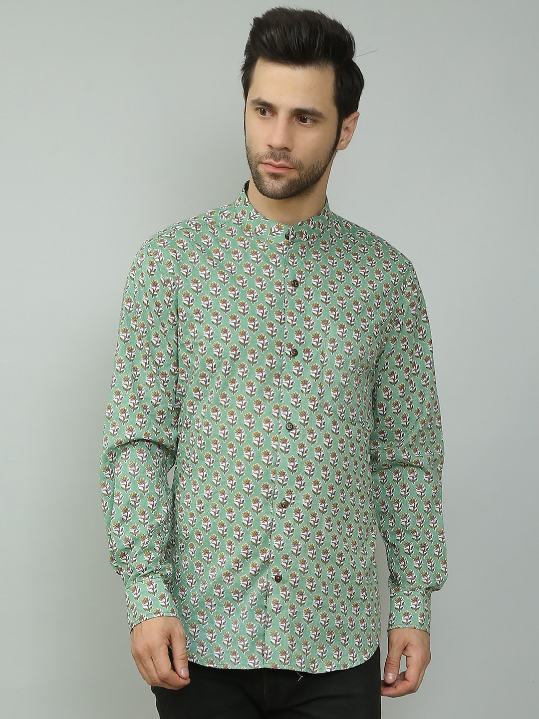 Spring Soul Comfort Floral Printed Mandarin Collar Cotton Casual Shirt