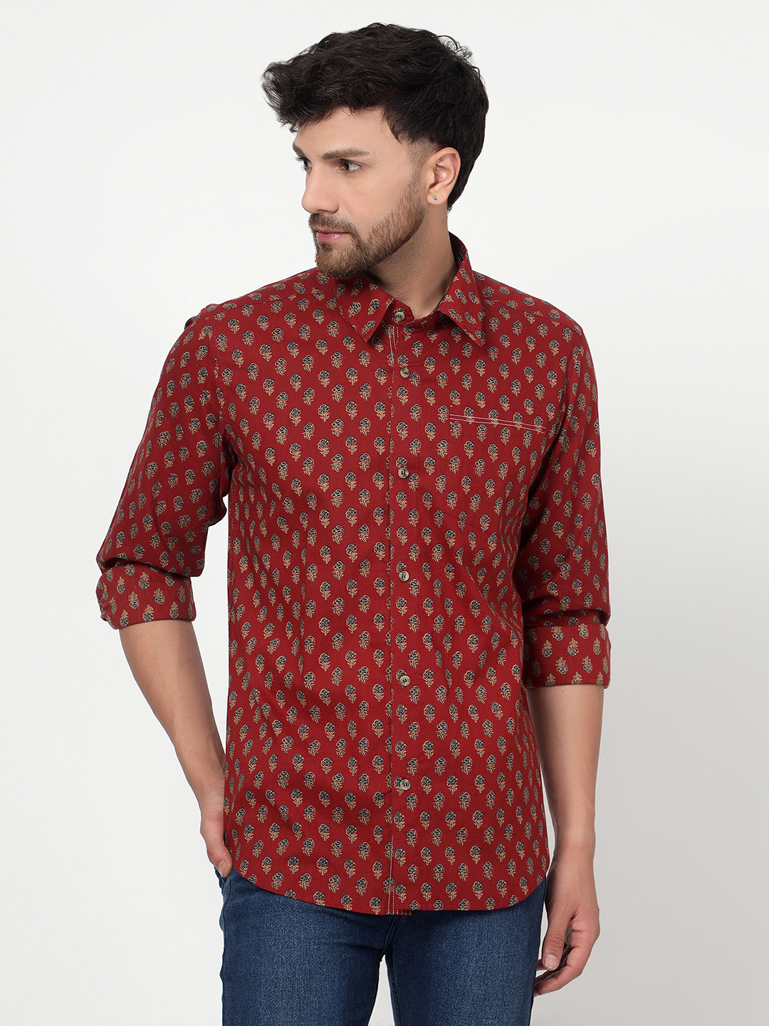 Spring Soul Men Maroon Comfort Opaque Printed Casual Shirt