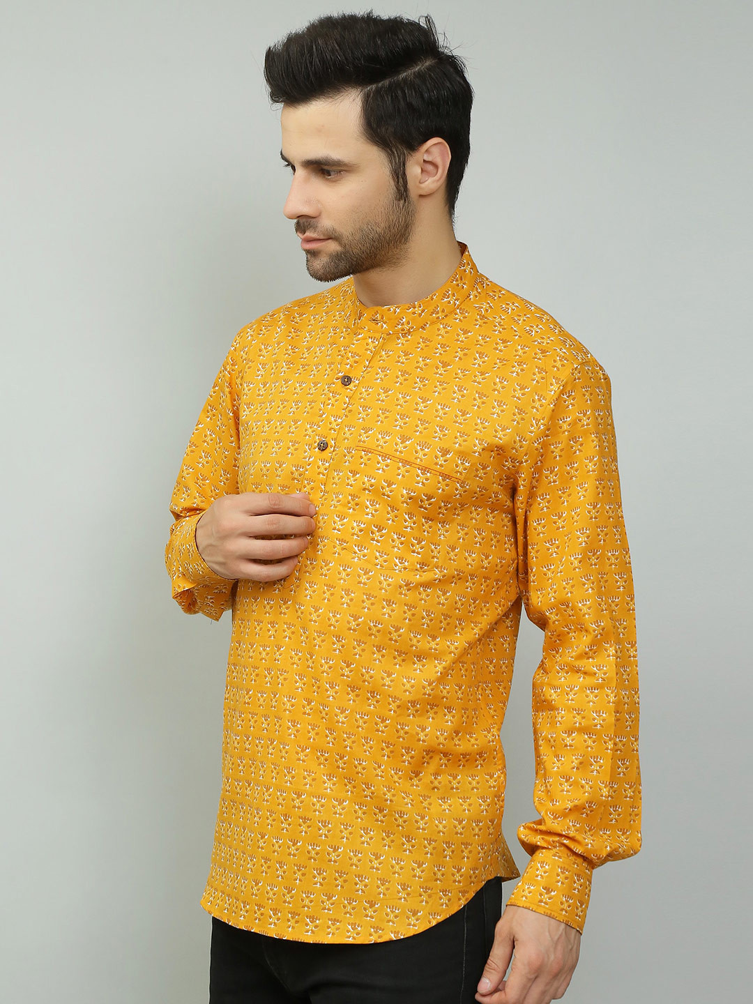 Spring Soul Comfort Ethnic Motifs Printed Band Collar Chest Pocket Cotton Casual Shirt