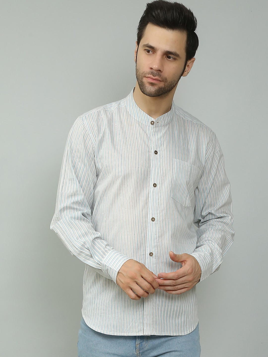 Spring Soul Comfort Horizontal Striped Cotton Mandarin Collar Opaque Casual Shirt