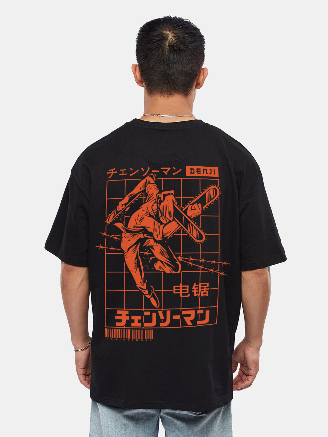 Crazymonk Men Oversized Graphic Denji X Pochita Anime Cotton T-shirt