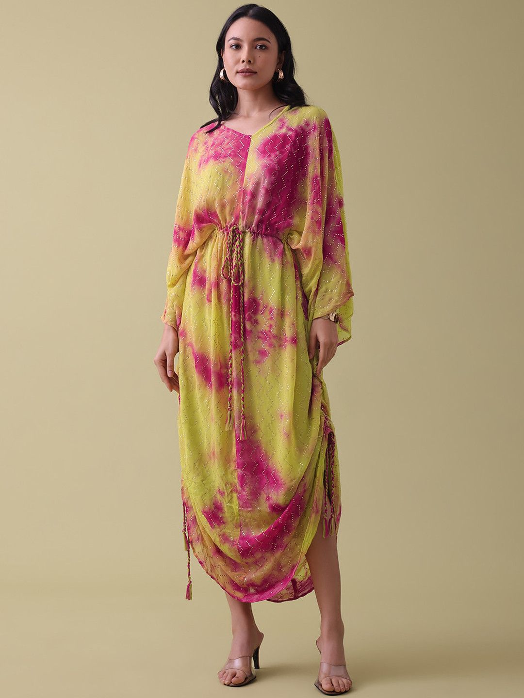 KALKI Fashion Tie and Dyed Tie-Ups Flared Sleeve A-Line Midi Dress